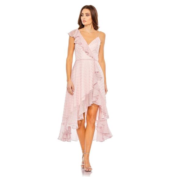 NWT MAC DUGGAL 49489 SZ 0 PINK HIGH LOW CHIFFON RUFFLED POLKA DOT DRESS - Picture 1 of 4